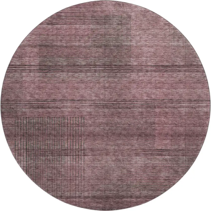 8' Merlot And Gray Striped Washable Round Rug With UV Protection Photo 1