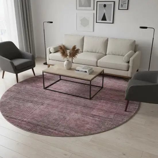 8' Merlot And Gray Striped Washable Round Rug With UV Protection Photo 2