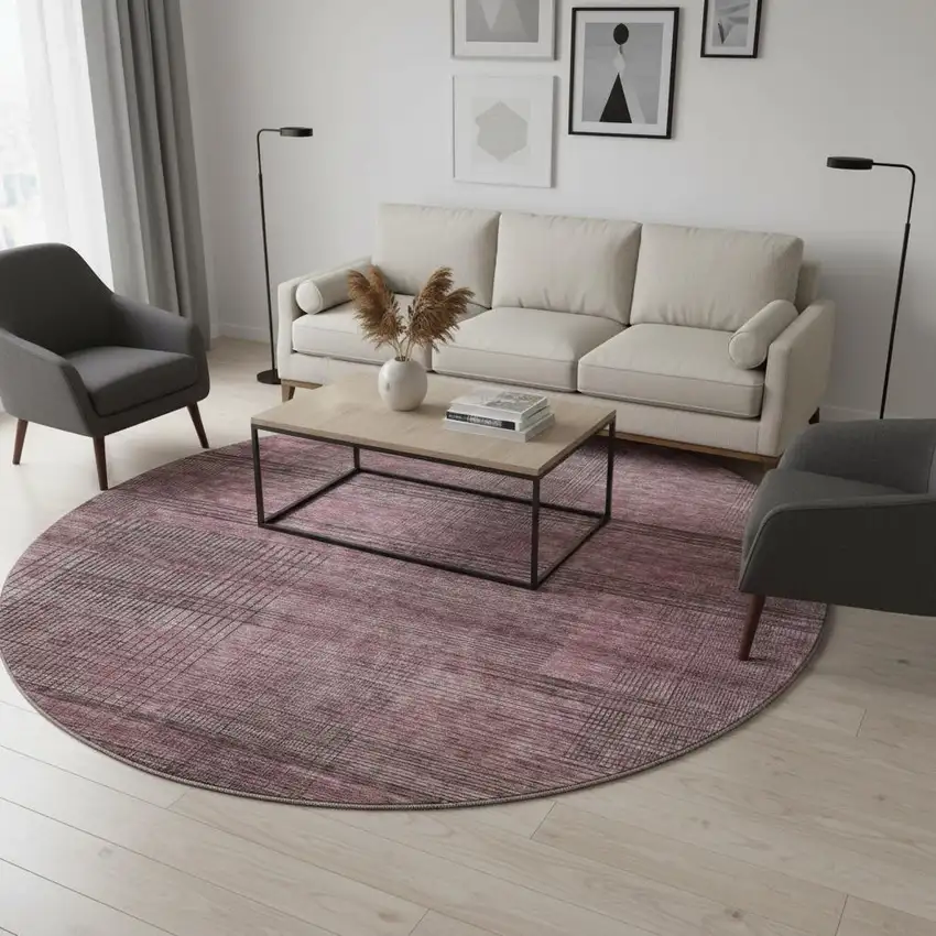 8' Merlot And Gray Striped Washable Round Rug With UV Protection Photo 2