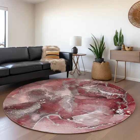8' Merlot And Ivory Abstract Washable Round Rug With UV Protection Photo 5