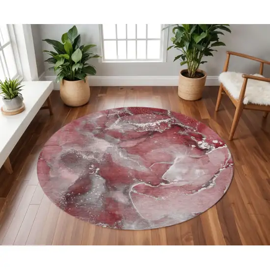 8' Merlot And Ivory Abstract Washable Round Rug With UV Protection Photo 2