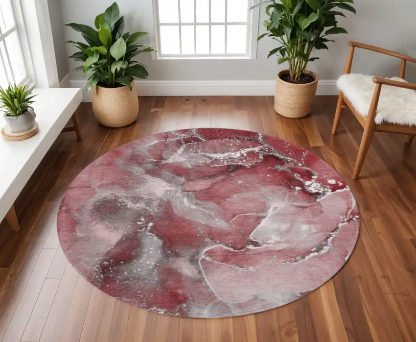 8' Merlot And Ivory Abstract Washable Round Rug With UV Protection Photo 2