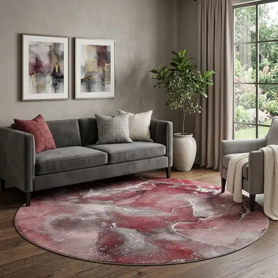 8' Merlot And Ivory Abstract Washable Round Rug With UV Protection Photo 1