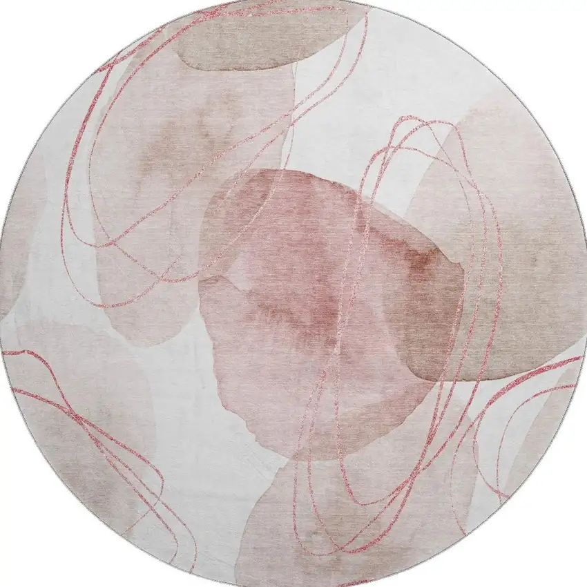 8' Merlot And Ivory Abstract Washable Round Rug With UV Protection Photo 4