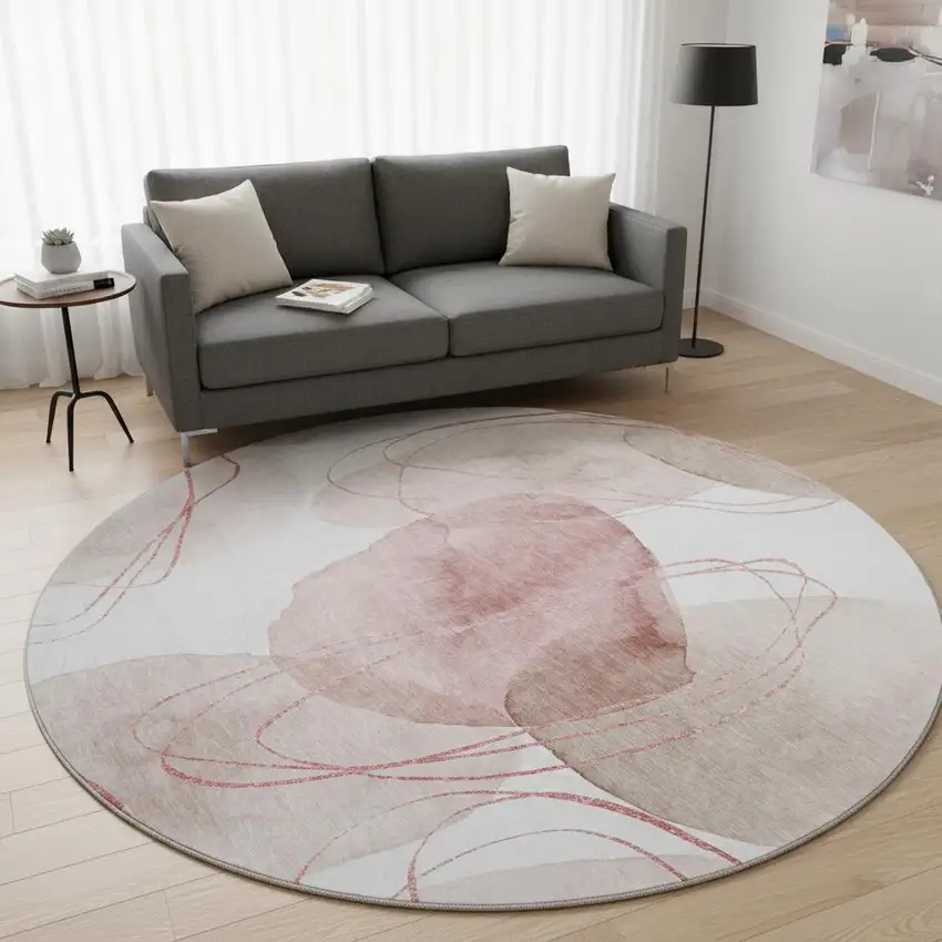 8' Merlot And Ivory Abstract Washable Round Rug With UV Protection Photo 2