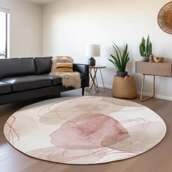 8' Merlot And Ivory Abstract Washable Round Rug With UV Protection Photo 5