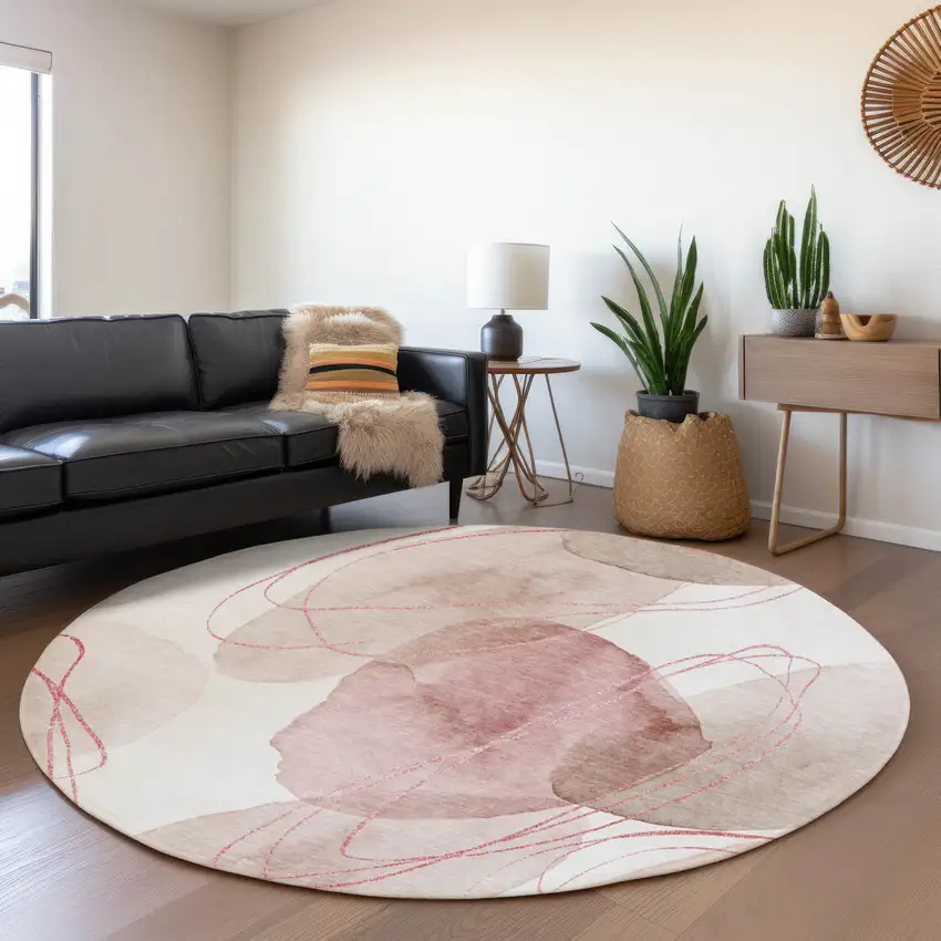 8' Merlot And Ivory Abstract Washable Round Rug With UV Protection Photo 5