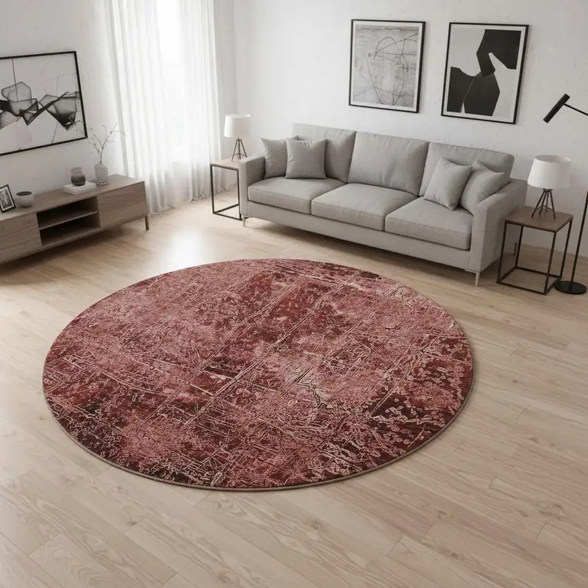 8' Merlot And Ivory Abstract Washable Round Rug With UV Protection Photo 2