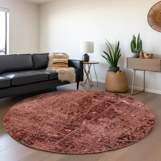 8' Merlot And Ivory Abstract Washable Round Rug With UV Protection Photo 5
