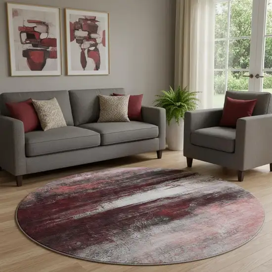 8' Merlot And Ivory Abstract Washable Round Rug With UV Protection Photo 2