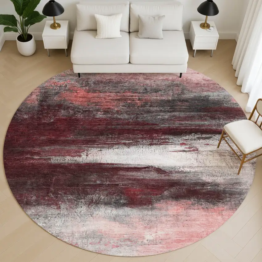 8' Merlot And Ivory Abstract Washable Round Rug With UV Protection Photo 3