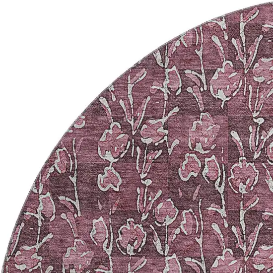 8' Merlot And Ivory Floral Washable Round Rug With UV Protection Photo 2