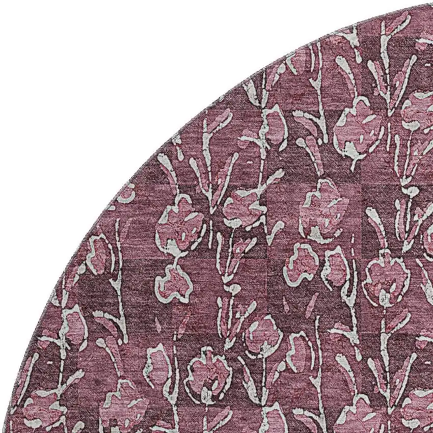 8' Merlot And Ivory Floral Washable Round Rug With UV Protection Photo 2