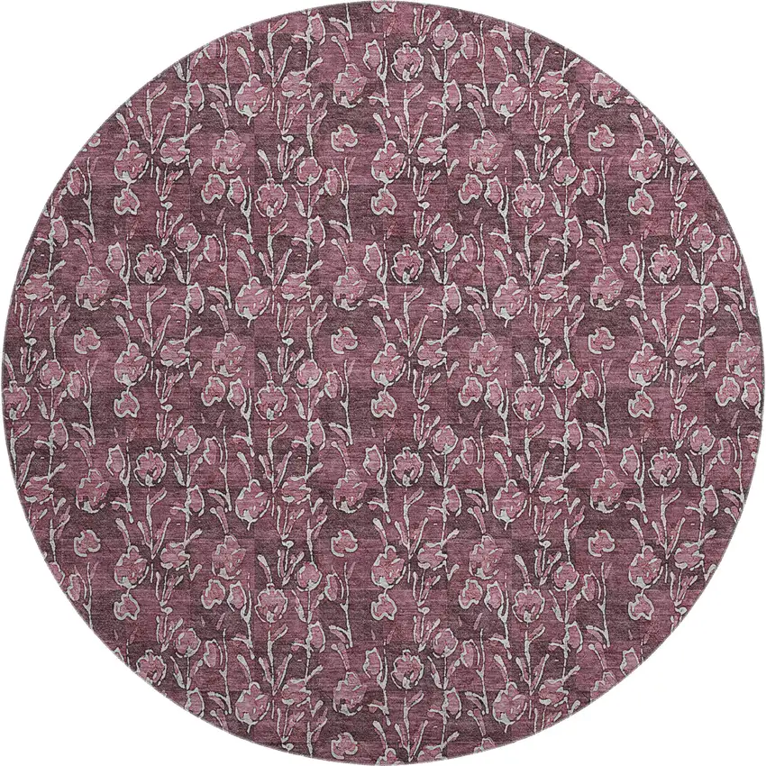 8' Merlot And Ivory Floral Washable Round Rug With UV Protection Photo 1