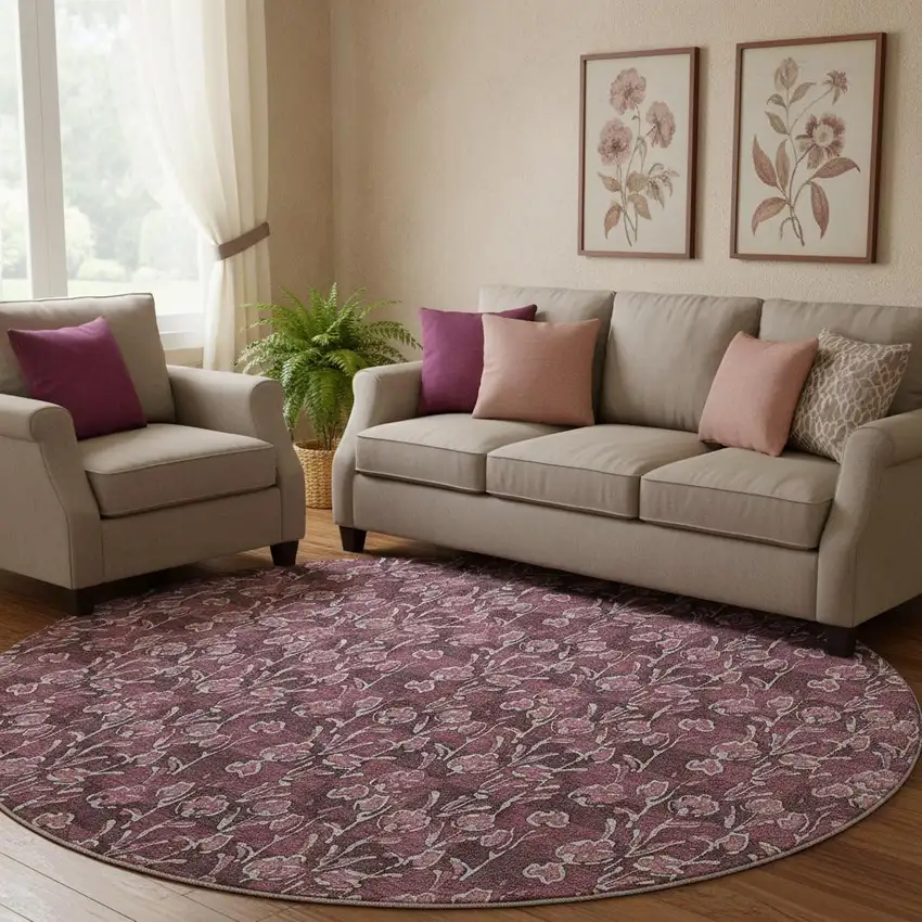 8' Merlot And Ivory Floral Washable Round Rug With UV Protection Photo 1