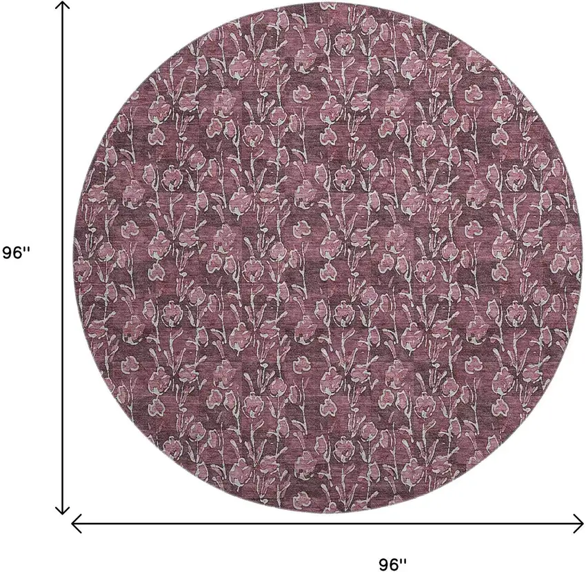 8' Merlot And Ivory Floral Washable Round Rug With UV Protection Photo 9