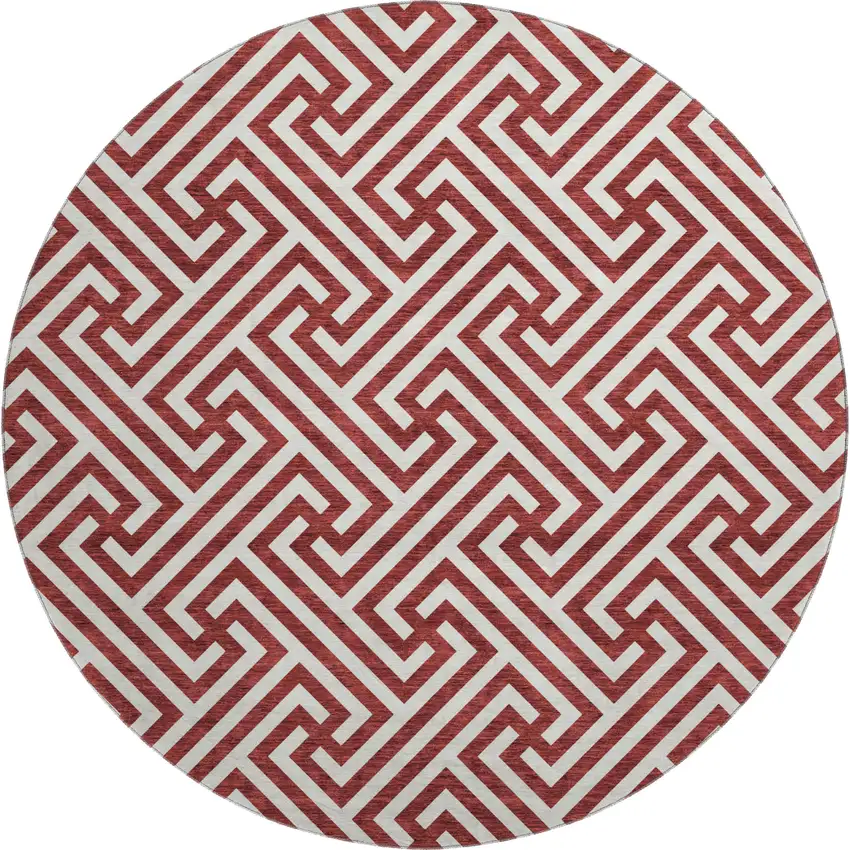 8' Merlot And Ivory Geometric Washable Round Rug With UV Protection Photo 1