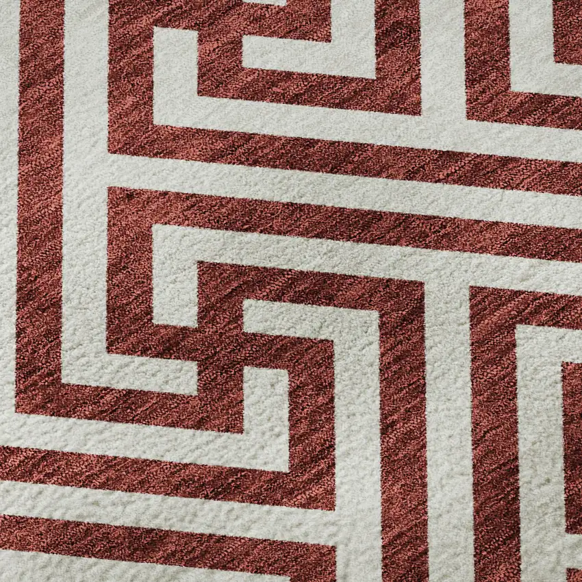 8' Merlot And Ivory Geometric Washable Round Rug With UV Protection Photo 9