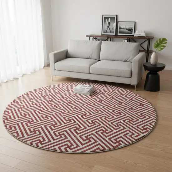 8' Merlot And Ivory Geometric Washable Round Rug With UV Protection Photo 2