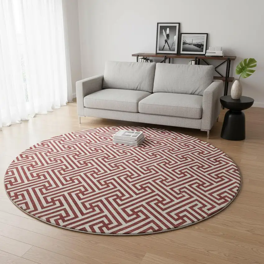 8' Merlot And Ivory Geometric Washable Round Rug With UV Protection Photo 2