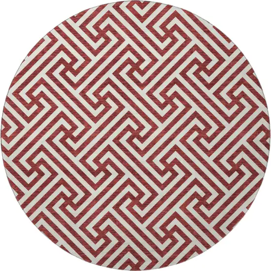 8' Merlot And Ivory Geometric Washable Round Rug With UV Protection Photo 4