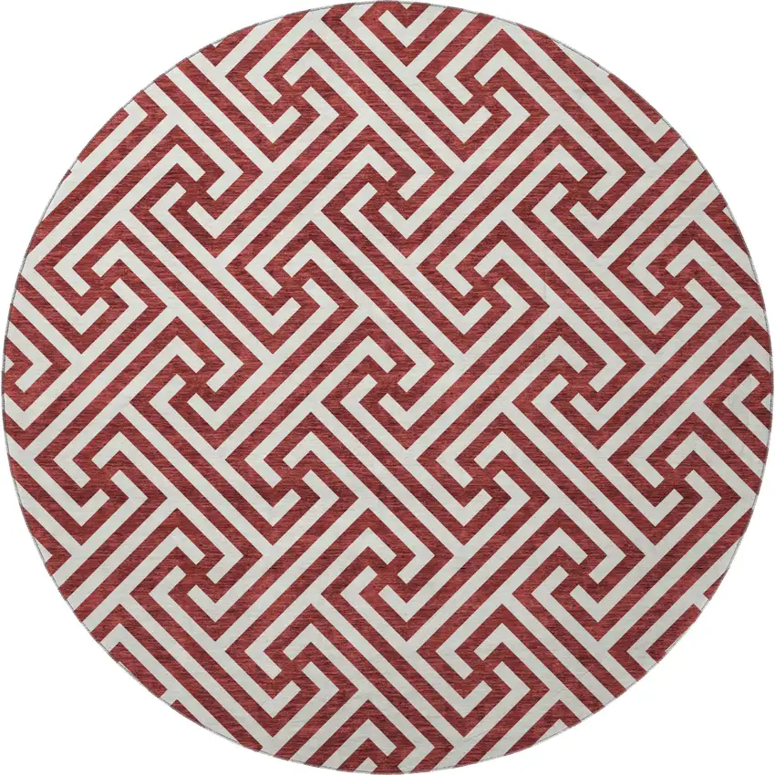 8' Merlot And Ivory Geometric Washable Round Rug With UV Protection Photo 4