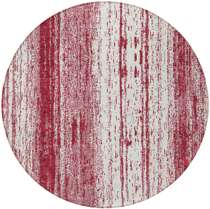 8' Merlot And Ivory Round Striped Washable Indoor Outdoor Area Rug Photo 5