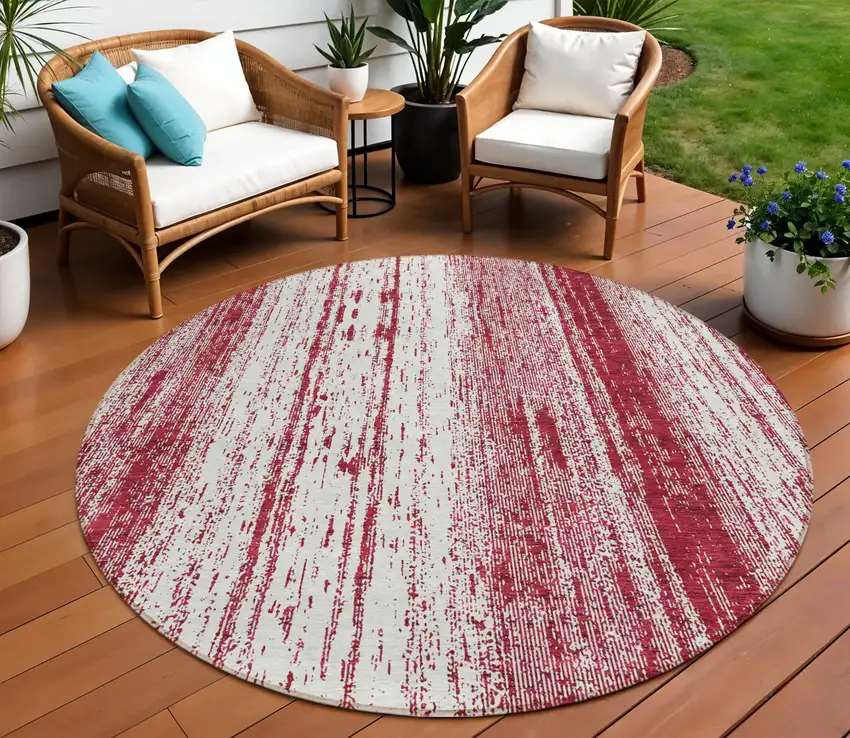 8' Merlot And Ivory Round Striped Washable Indoor Outdoor Area Rug Photo 1