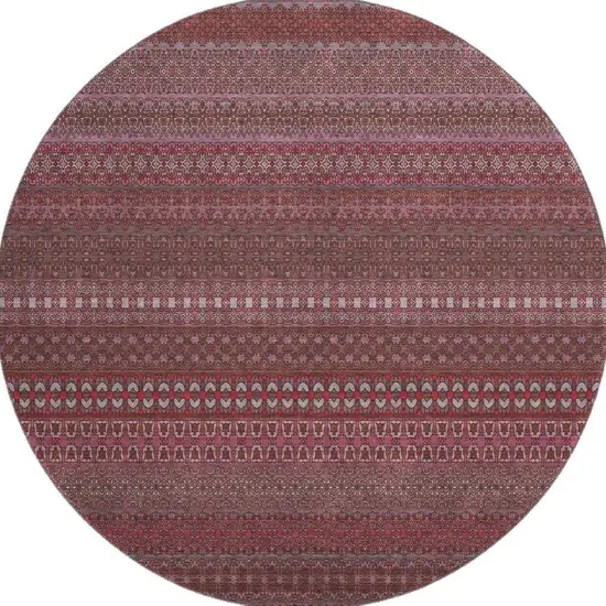 8' Merlot And Ivory Striped Washable Round Rug With UV Protection Photo 3