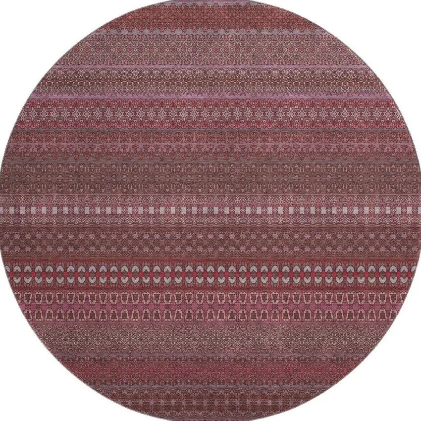 8' Merlot And Ivory Striped Washable Round Rug With UV Protection Photo 3