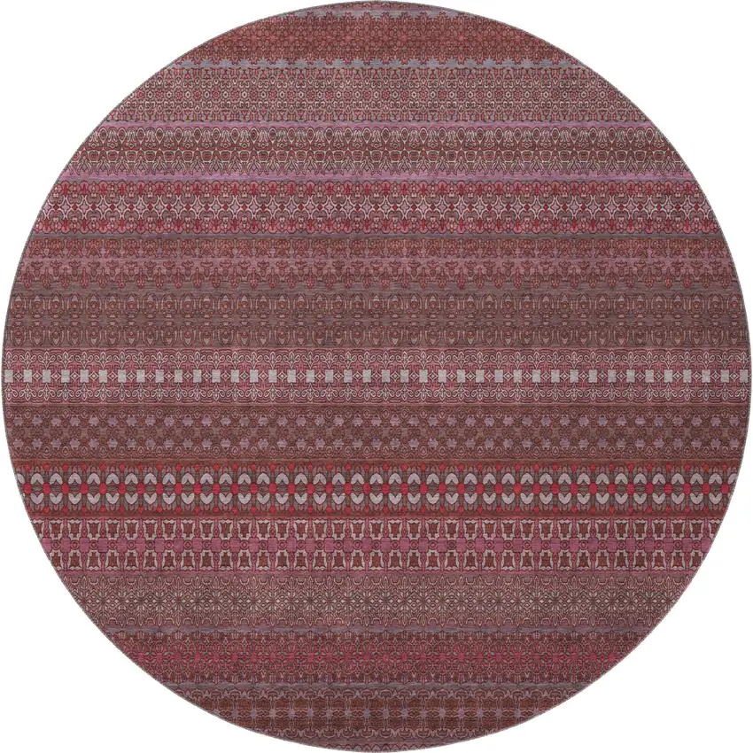 8' Merlot And Ivory Striped Washable Round Rug With UV Protection Photo 4