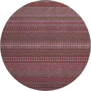 Photo of 8' Merlot And Ivory Striped Washable Round Rug With UV Protection