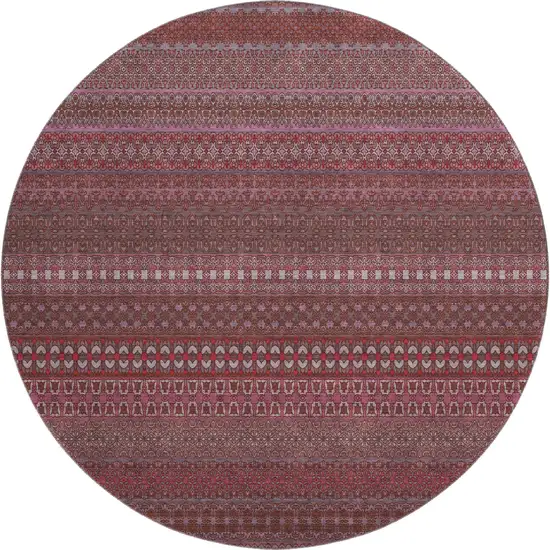 8' Merlot And Ivory Striped Washable Round Rug With UV Protection Photo 1