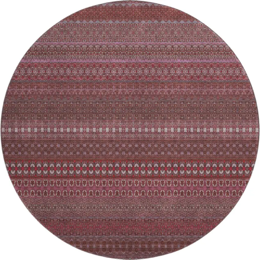 8' Merlot And Ivory Striped Washable Round Rug With UV Protection Photo 1