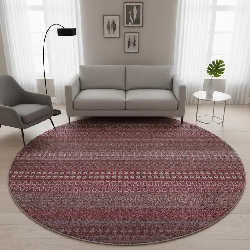 8' Merlot And Ivory Striped Washable Round Rug With UV Protection Photo 2