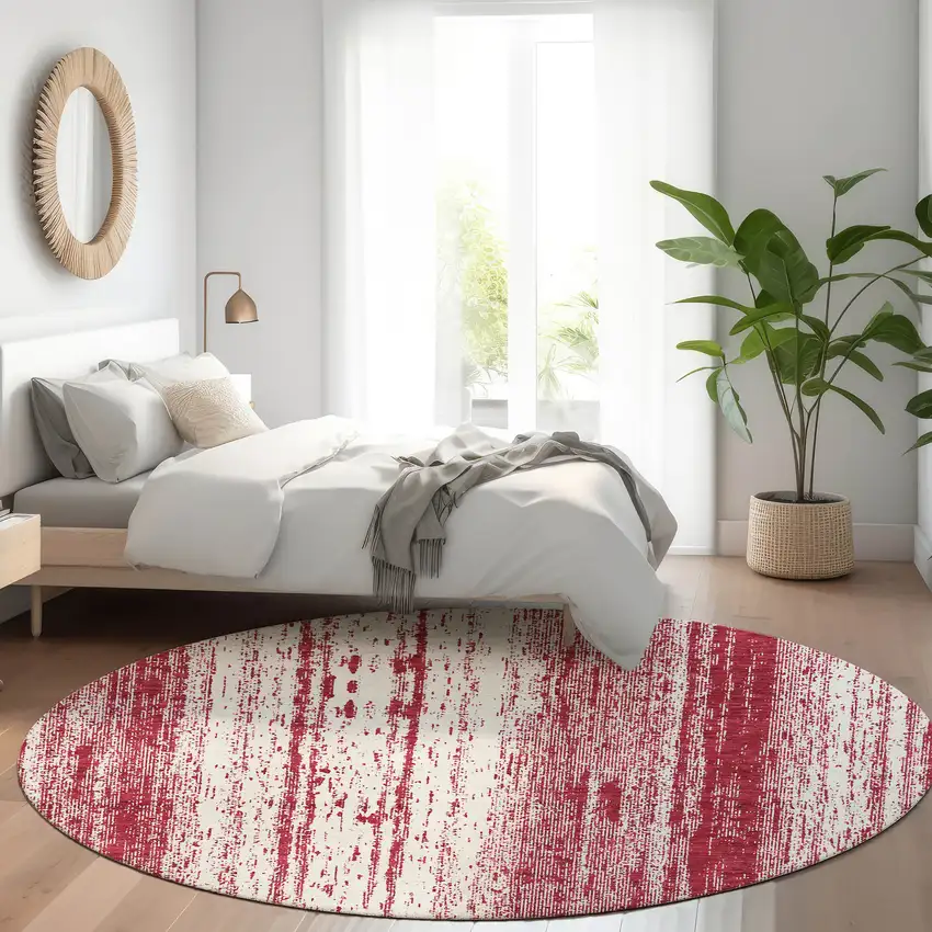 8' Merlot And Ivory Striped Washable Round Rug With UV Protection Photo 5