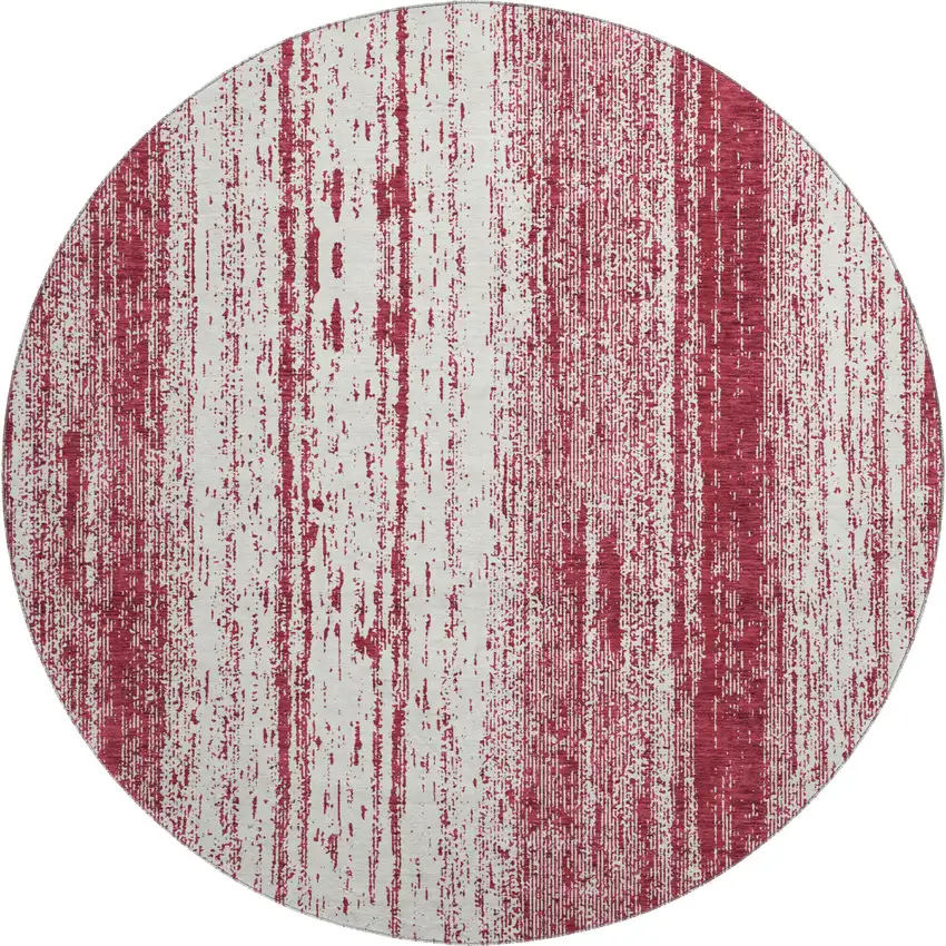 8' Merlot And Ivory Striped Washable Round Rug With UV Protection Photo 1