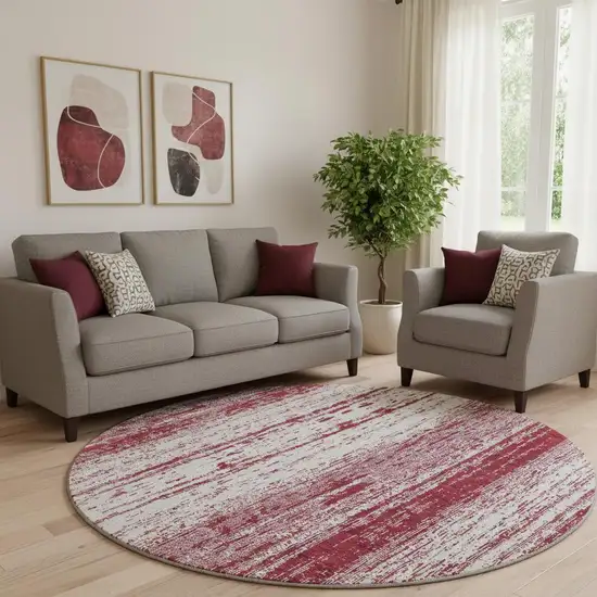 8' Merlot And Ivory Striped Washable Round Rug With UV Protection Photo 1