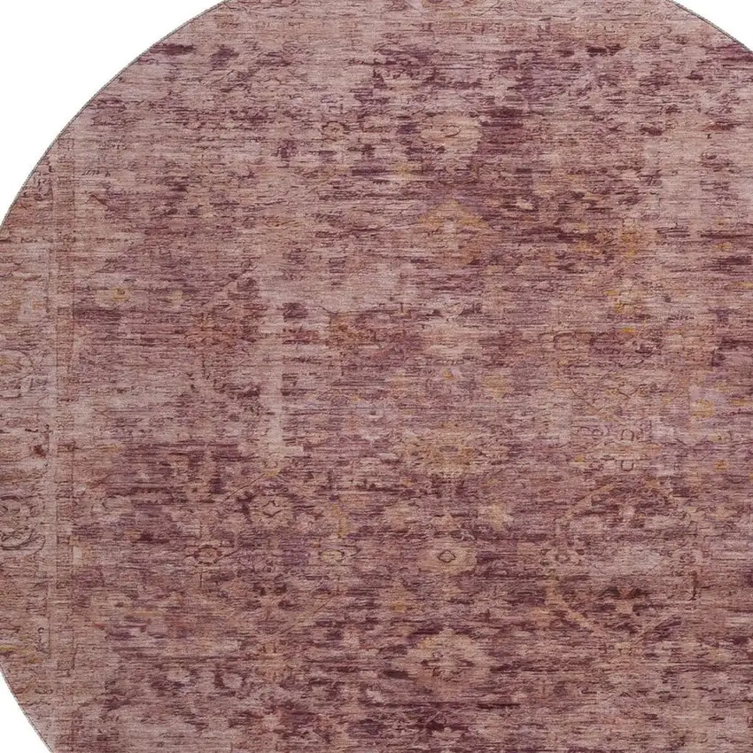 8' Merlot And Pink Oriental Washable Round Rug With UV Protection Photo 2