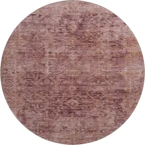 Photo of 8' Merlot And Pink Oriental Washable Round Rug With UV Protection