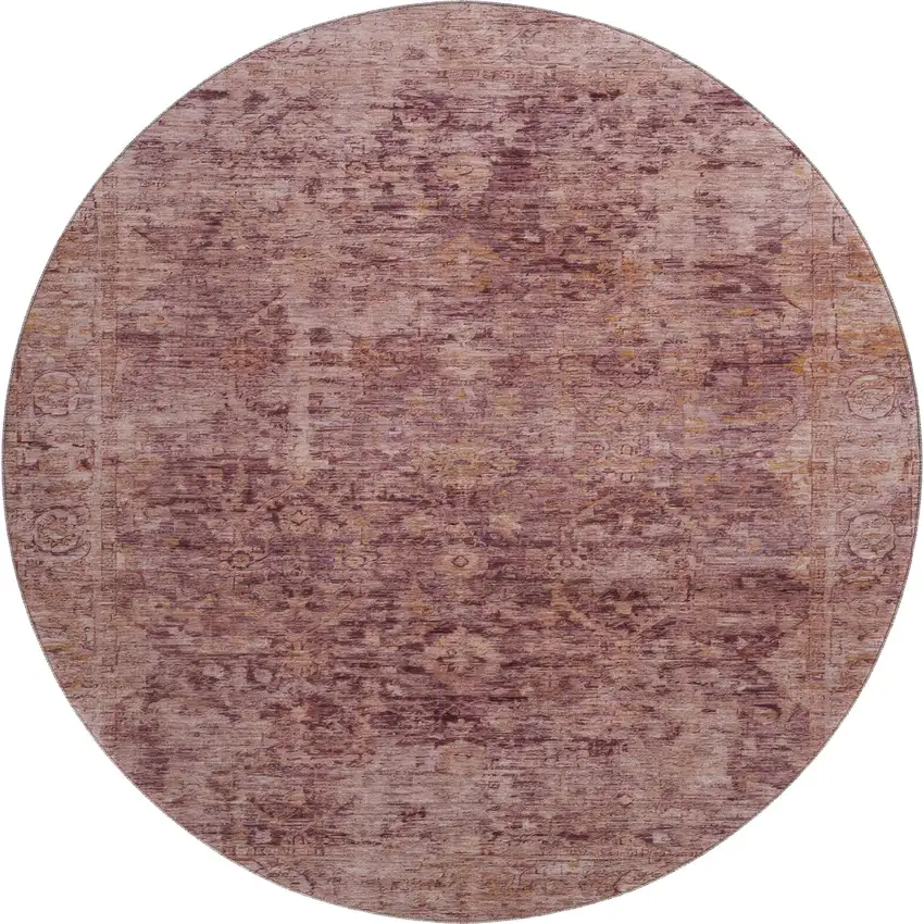 8' Merlot And Pink Oriental Washable Round Rug With UV Protection Photo 1