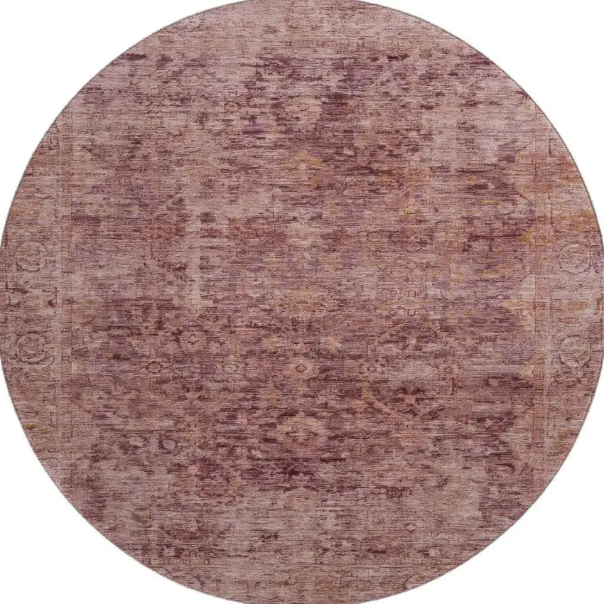 8' Merlot And Pink Oriental Washable Round Rug With UV Protection Photo 3