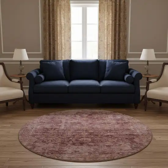 8' Merlot And Pink Oriental Washable Round Rug With UV Protection Photo 2