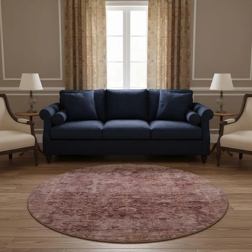 8' Merlot And Pink Oriental Washable Round Rug With UV Protection Photo 2