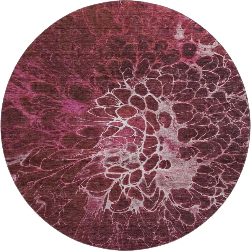 8' Merlot And Silver Abstract Washable Round Rug With UV Protection Photo 1