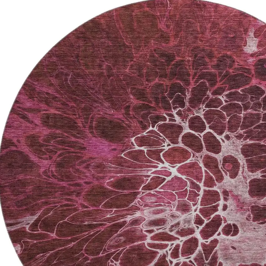 8' Merlot And Silver Abstract Washable Round Rug With UV Protection Photo 3
