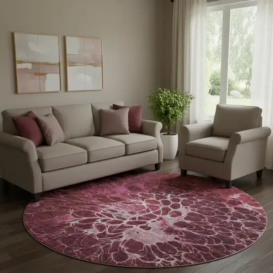 8' Merlot And Silver Abstract Washable Round Rug With UV Protection Photo 1