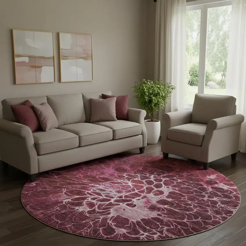 8' Merlot And Silver Abstract Washable Round Rug With UV Protection Photo 1