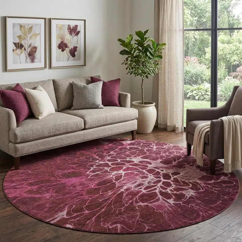 8' Merlot And Silver Abstract Washable Round Rug With UV Protection Photo 1