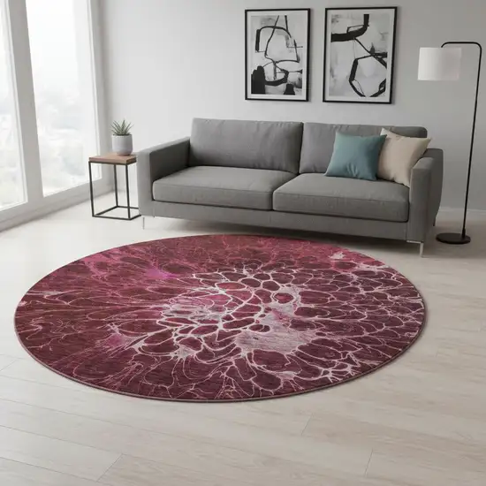 8' Merlot And Silver Abstract Washable Round Rug With UV Protection Photo 2